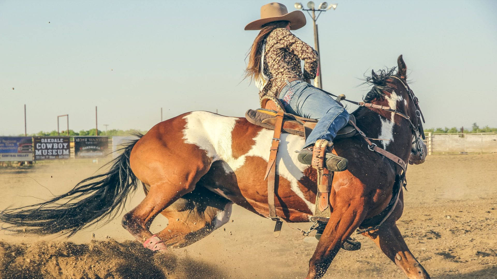 Cowgirl, bucking pinto horse, dusty rodeo arena, Full HD Desktop Wallpaper