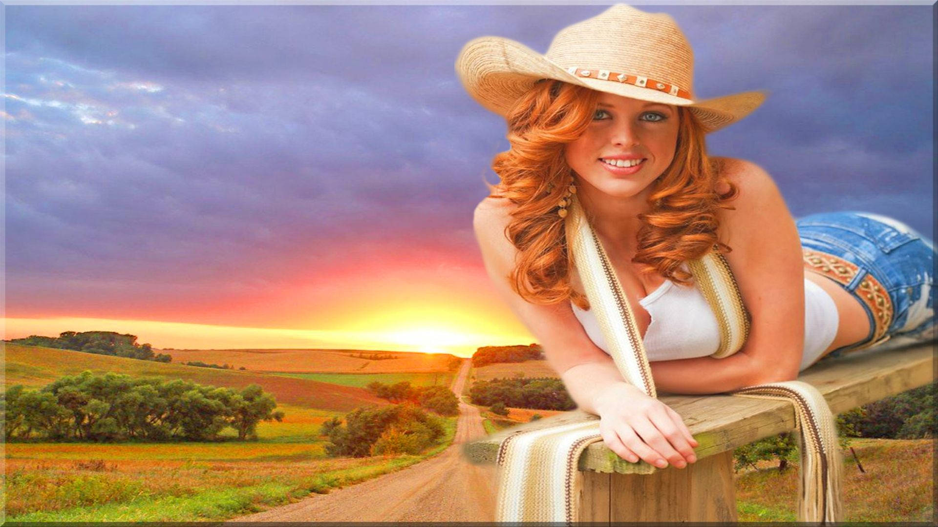 Cowgirl, wooden fence, sunset, Full HD Desktop Wallpaper