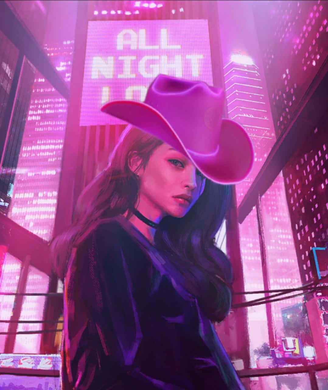 cowgirl aesthetic, pink cowboy hat, neon-drenched urban night scene, HD Phone Wallpaper