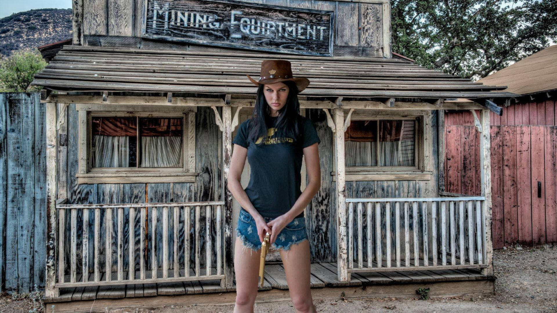 Cowgirl, cowboy hat, weathered wooden building, Full HD Desktop Wallpaper