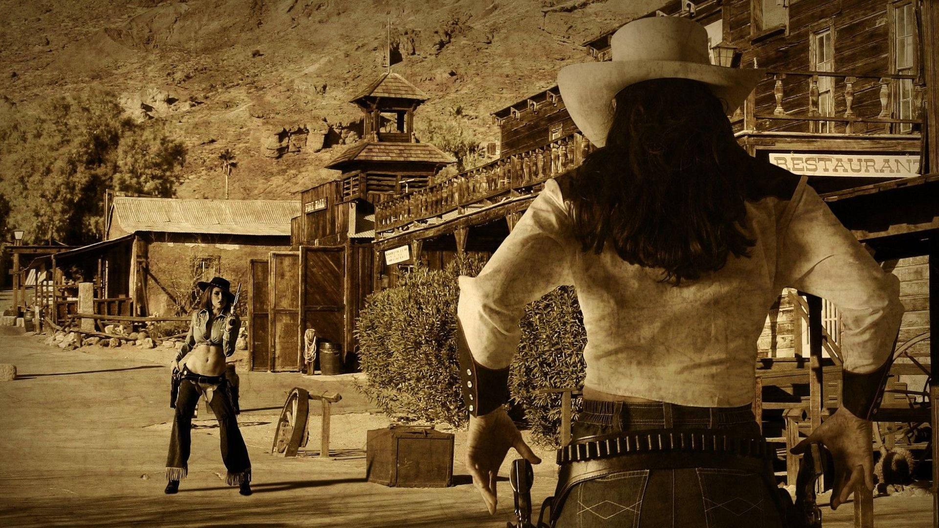 Cowgirl, saloon town, dusty sepia-toned western, Full HD Desktop Wallpaper