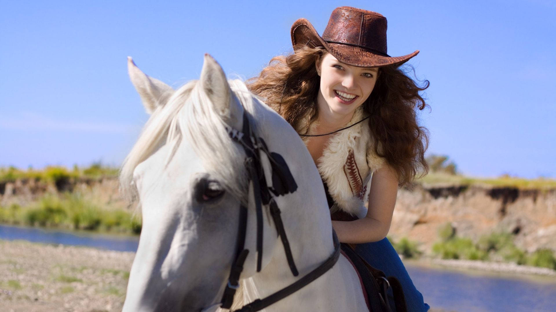 Happy Cowgirl, brown cowboy hat, white horse, Full HD Desktop Wallpaper