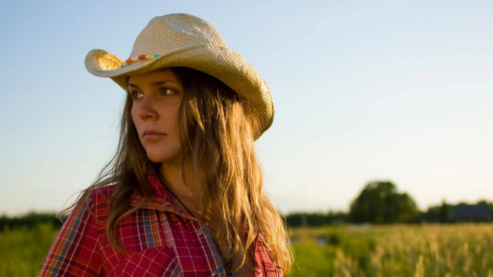Cowgirl, straw cowboy hat, plaid shirt, Full HD Desktop Wallpaper