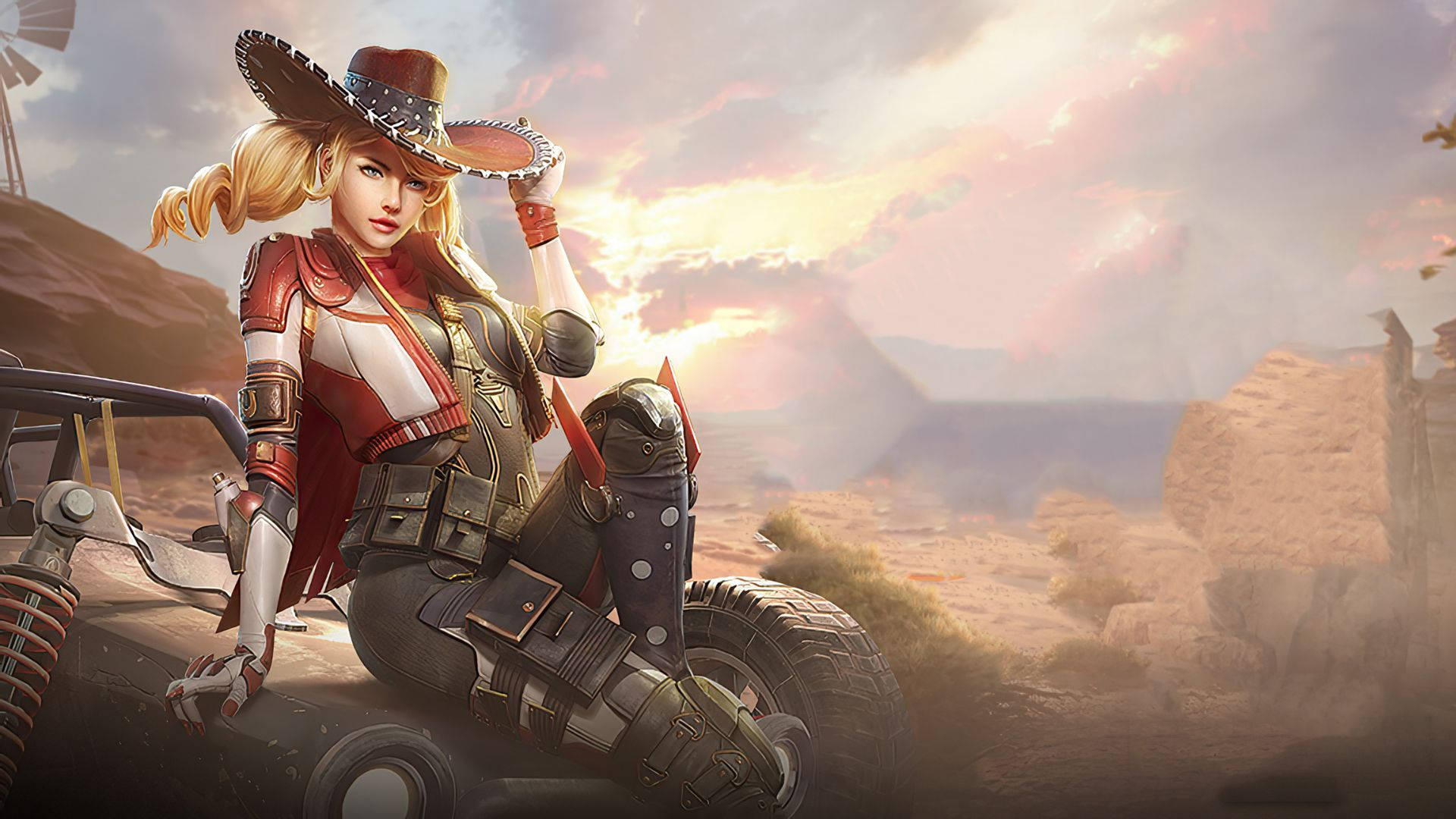 animated blonde cowgirl, cowboy hat, combat gear, Full HD Desktop Wallpaper