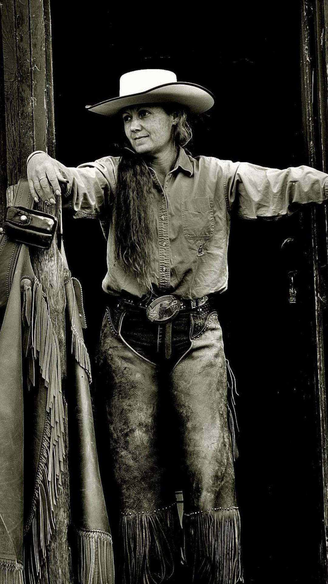 cowboy hat, fringed leather gear, doorway, Full HD Phone Wallpaper