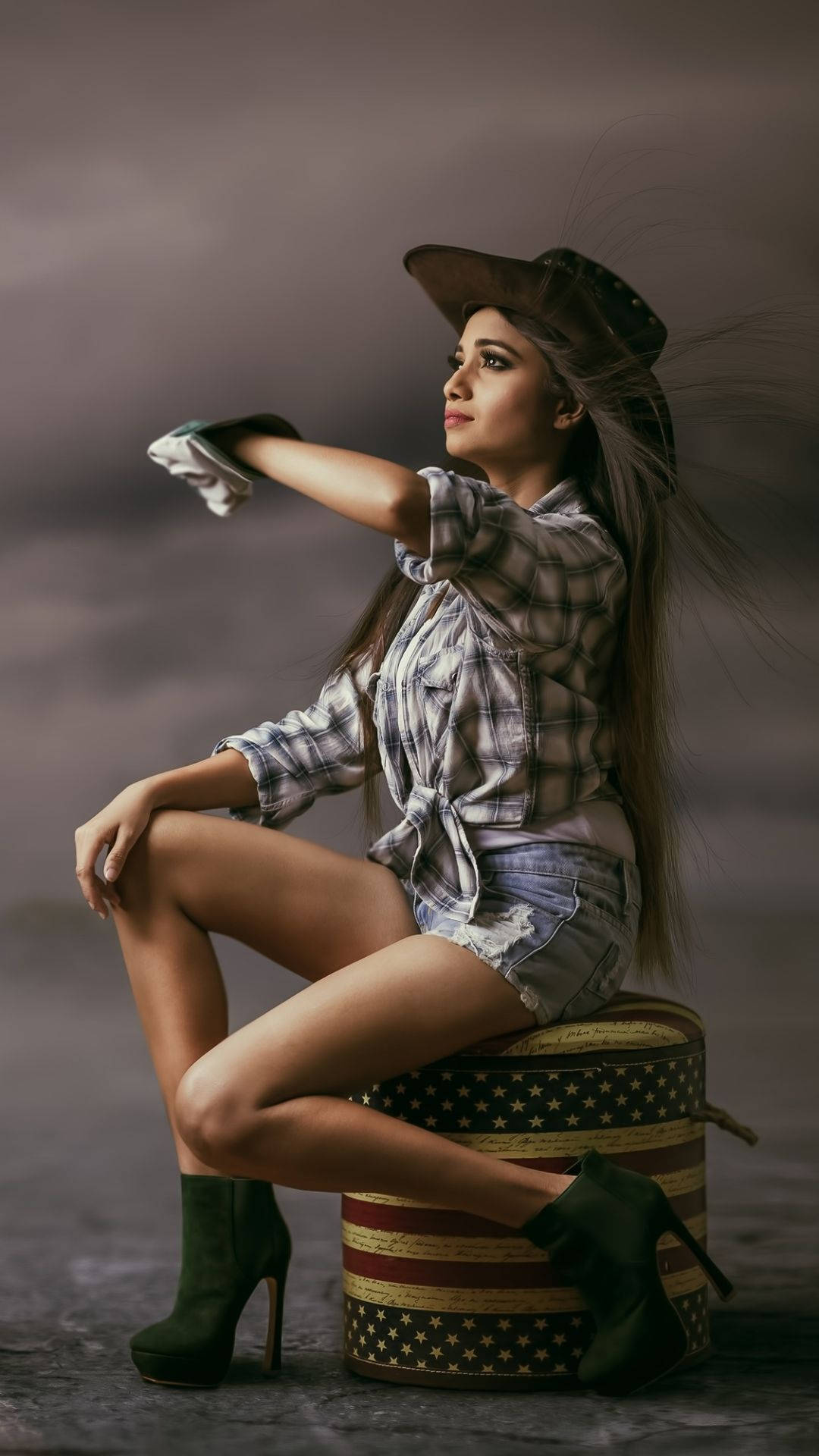 cowgirl, cowboy hat, plaid shirt, Full HD Phone Wallpaper
