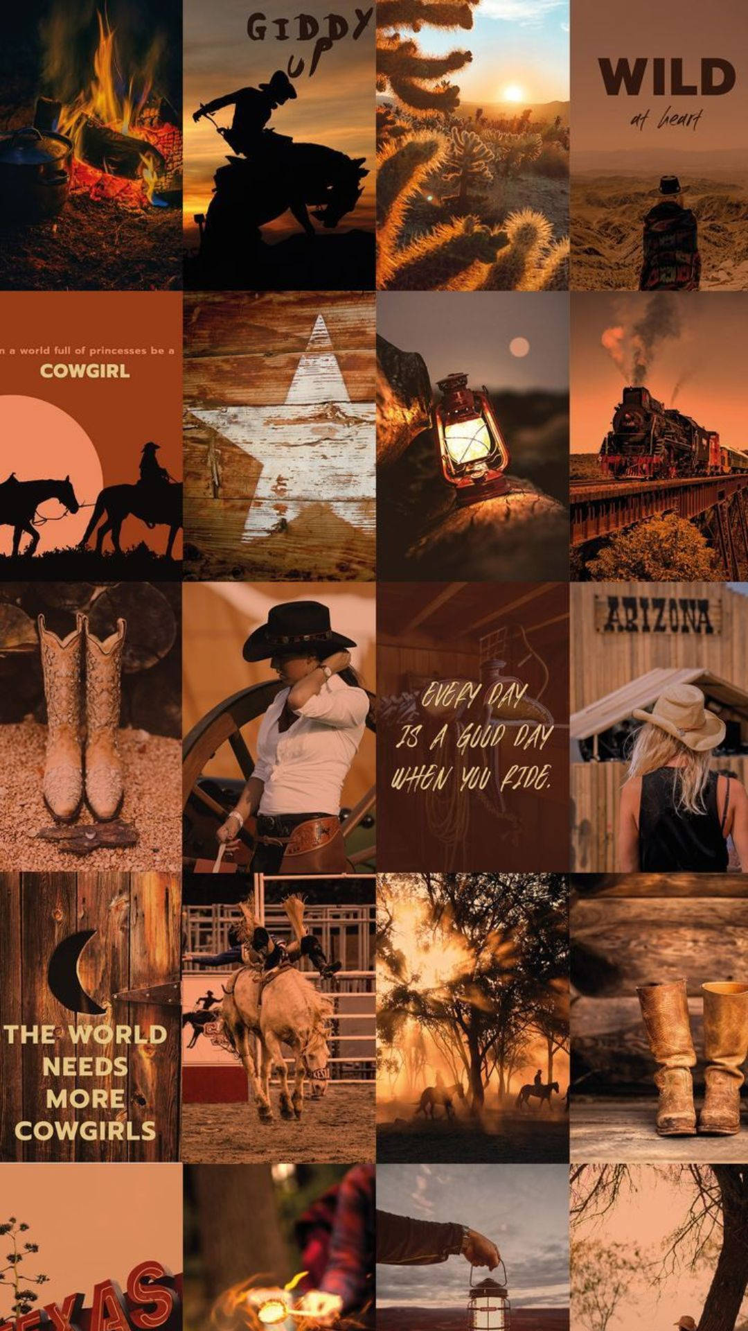 brown cowgirl aesthetic, rustic cowboy-themed collage, silhouettes horses, Full HD Phone Wallpaper