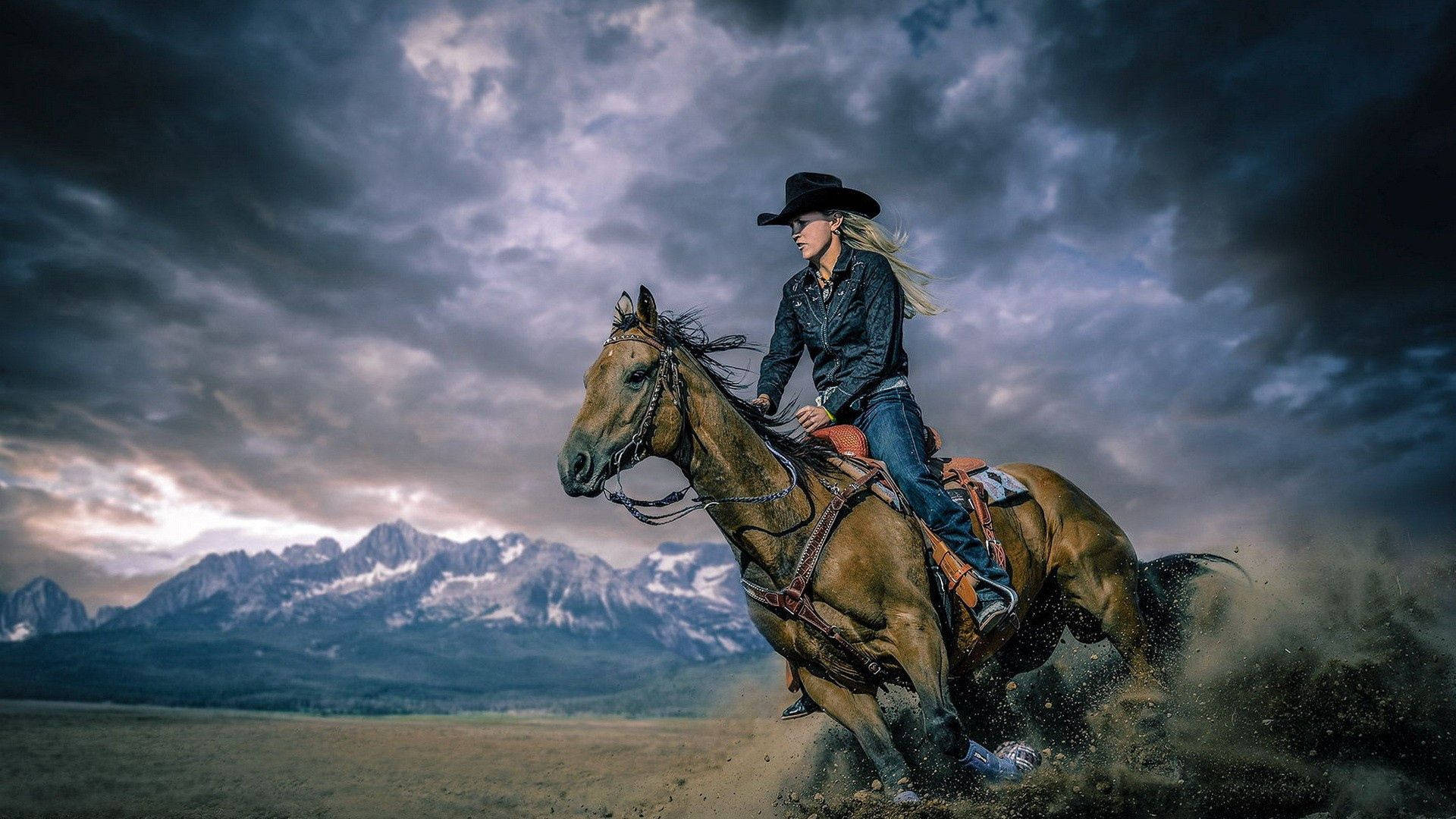 Cowgirl, horse, stormy twilight sky, Full HD Desktop Wallpaper