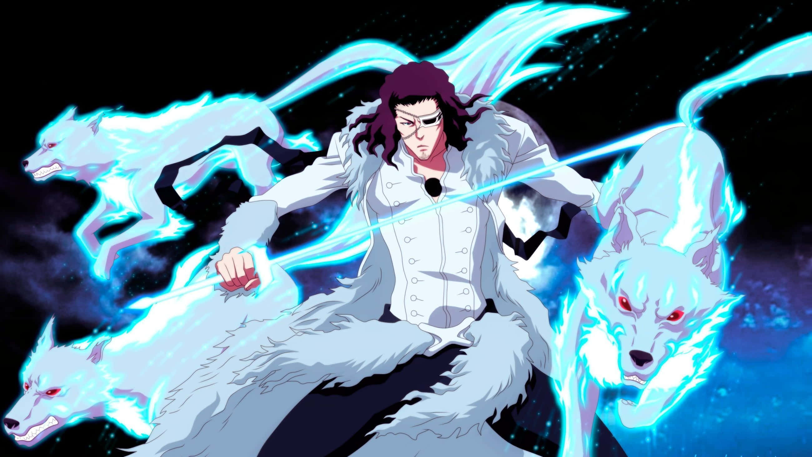 Coyote Starrk, white fur coat, glowing blue energy, 2K Desktop Wallpaper