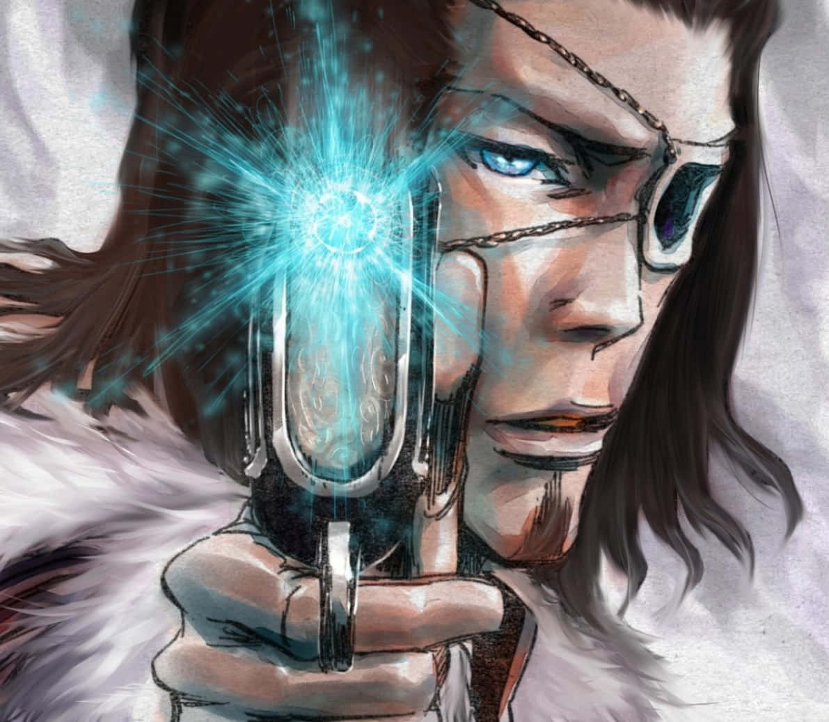 Coyote Starrk, glowing blue eyes, cybernetic enhancements, SD Desktop Wallpaper