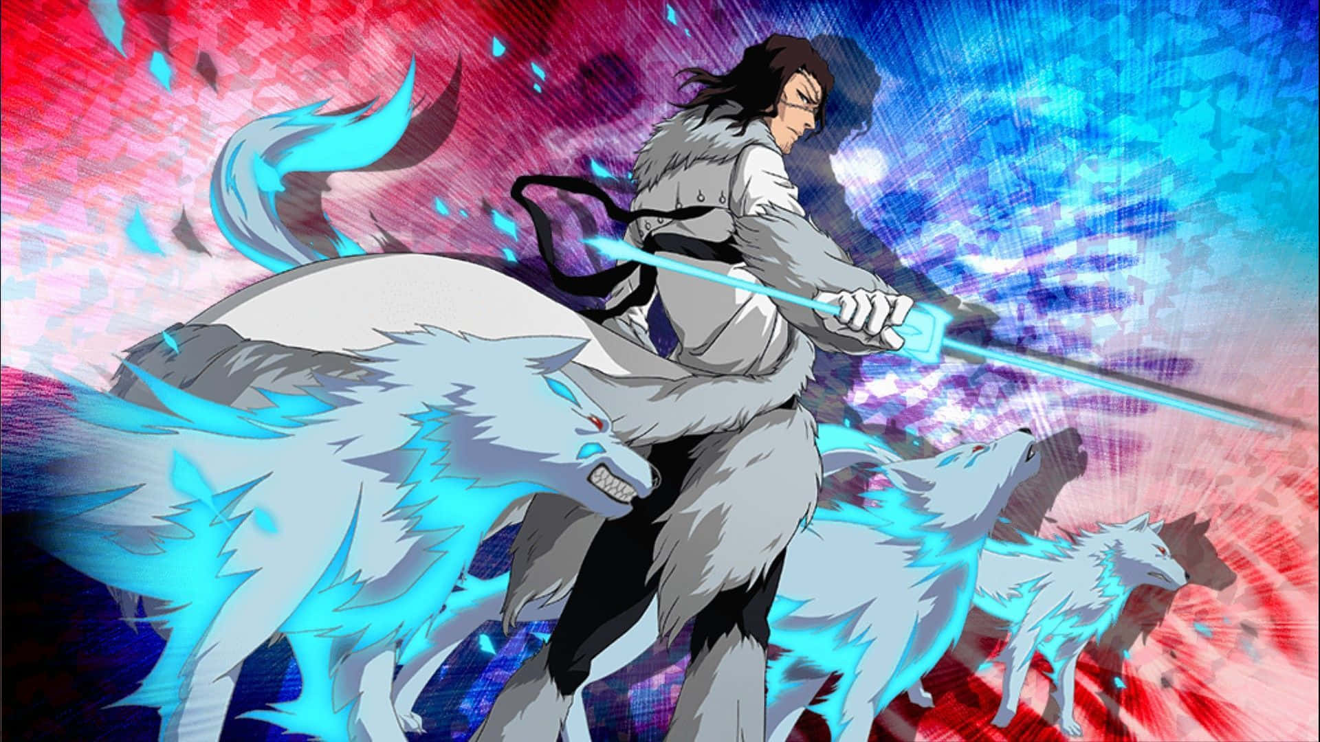Coyote Starrk, glowing white wolf, blue energy sword, Full HD Desktop Wallpaper
