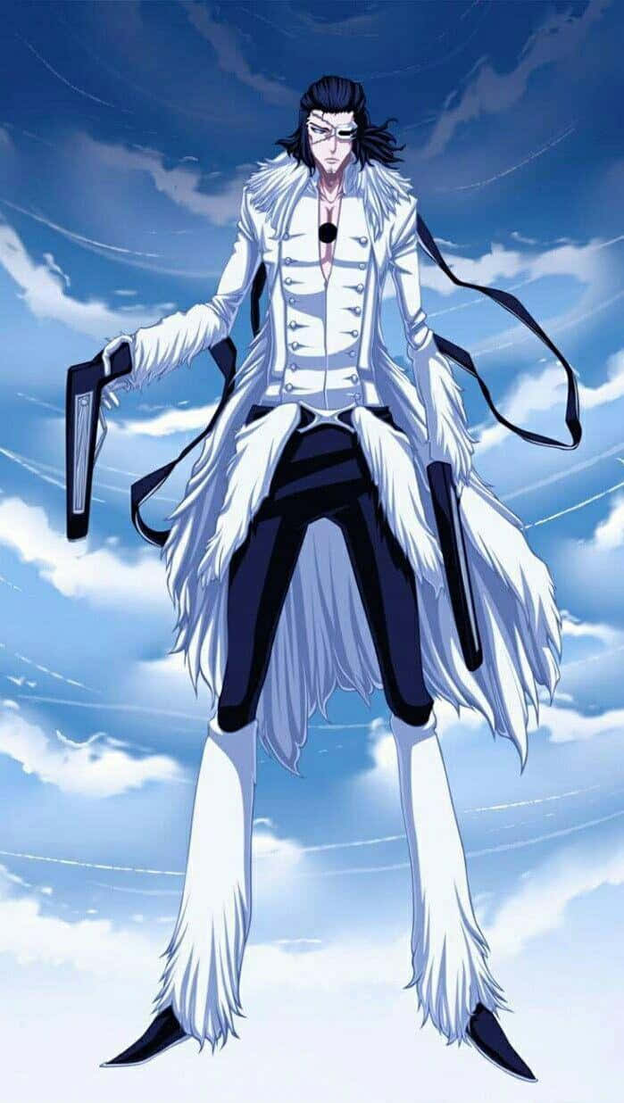 Coyote Starrk, white fur-trimmed coat, swirling blue sky, SD Phone Wallpaper