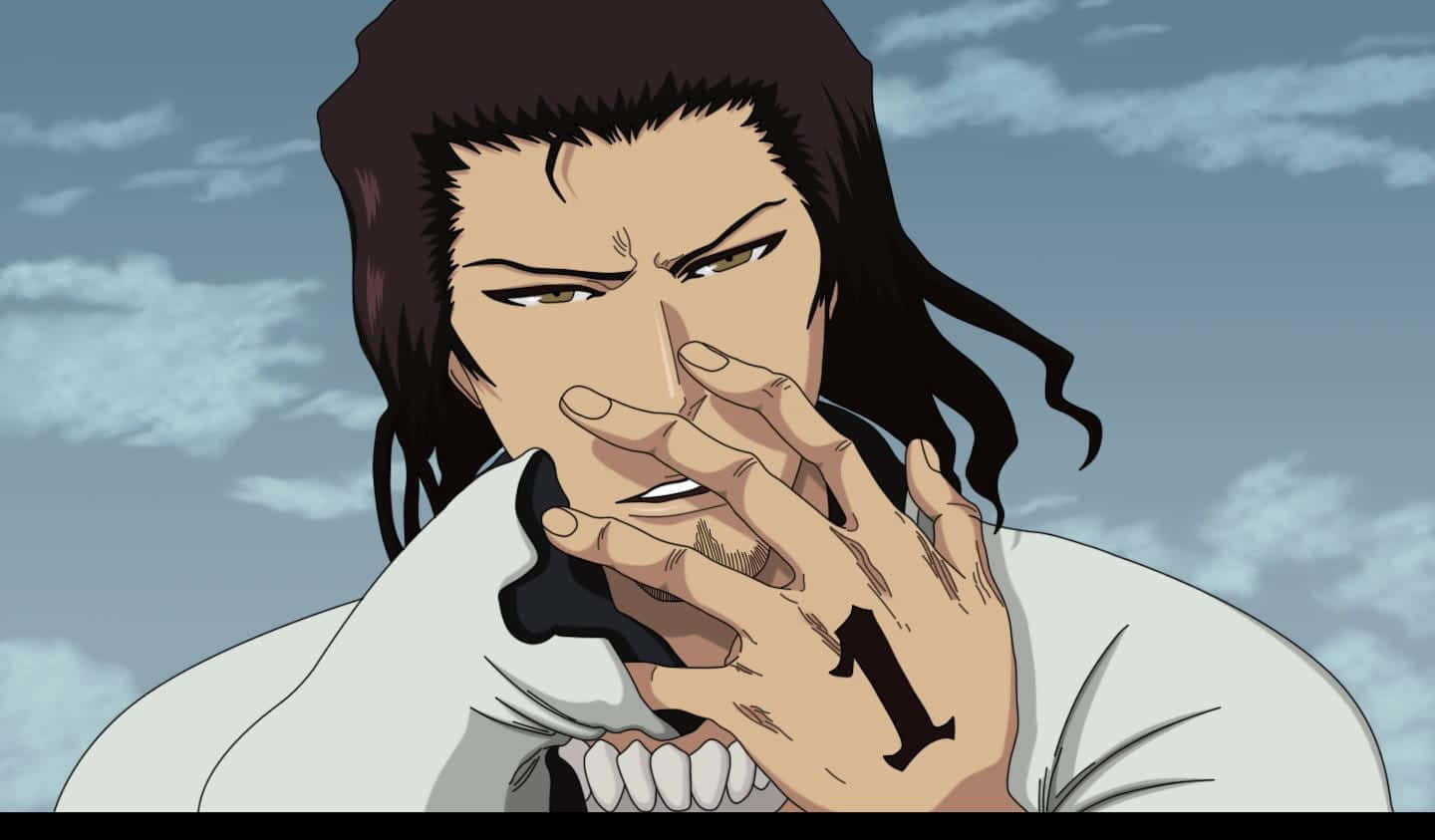 Coyote Starrk, long dark hair, hand marked with number one, HD Desktop Wallpaper