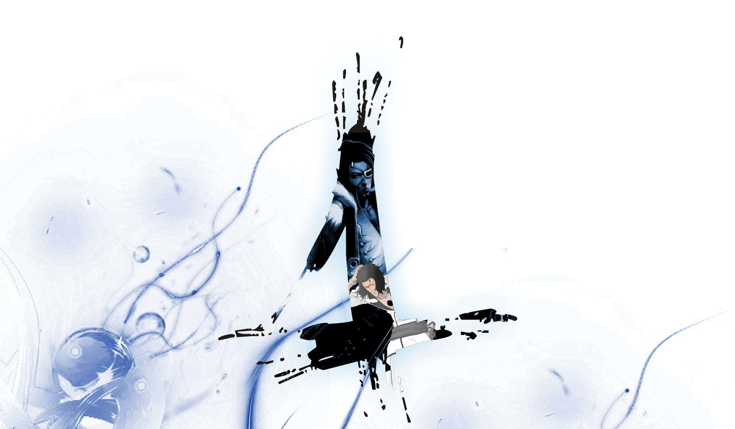 Coyote Starrk, blue and black ink splatters, white background, 2K Desktop Wallpaper