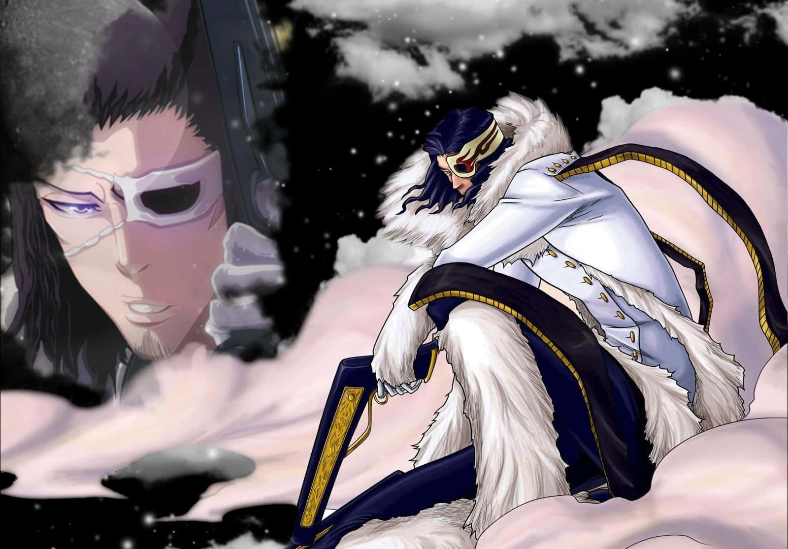 Coyote Starrk, white fur-lined coat, starry night sky, HD Desktop Wallpaper