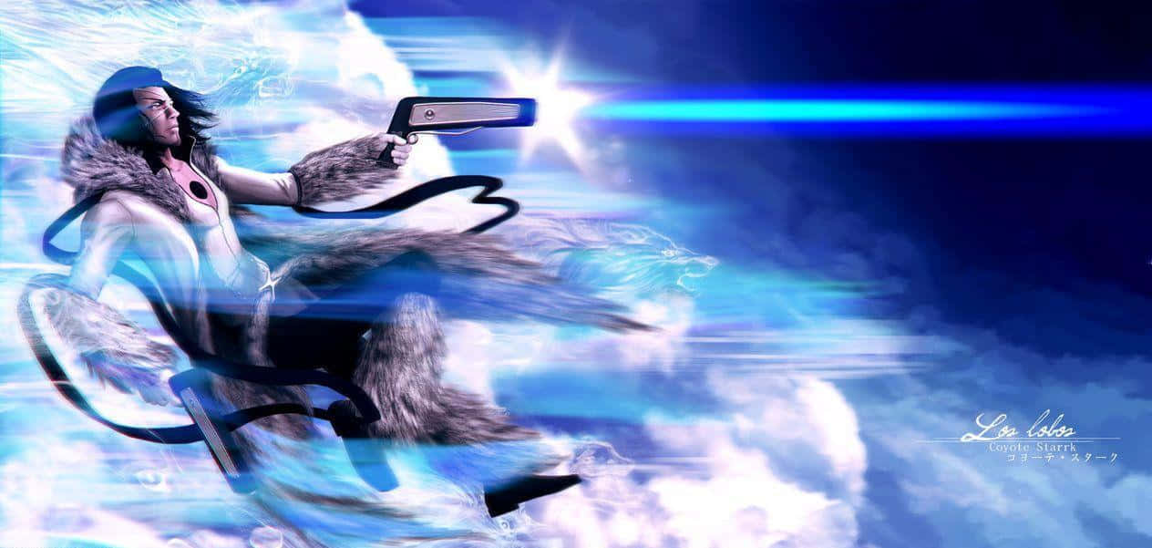 Coyote Starrk, fur-lined coat, glowing blue weapon, SD Desktop Wallpaper