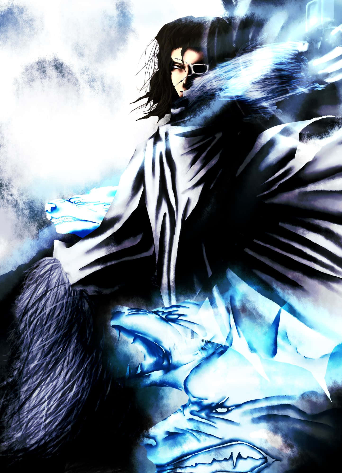 Coyote Starrk, dark-haired anime warrior, flowing white robe, Full HD Phone Wallpaper