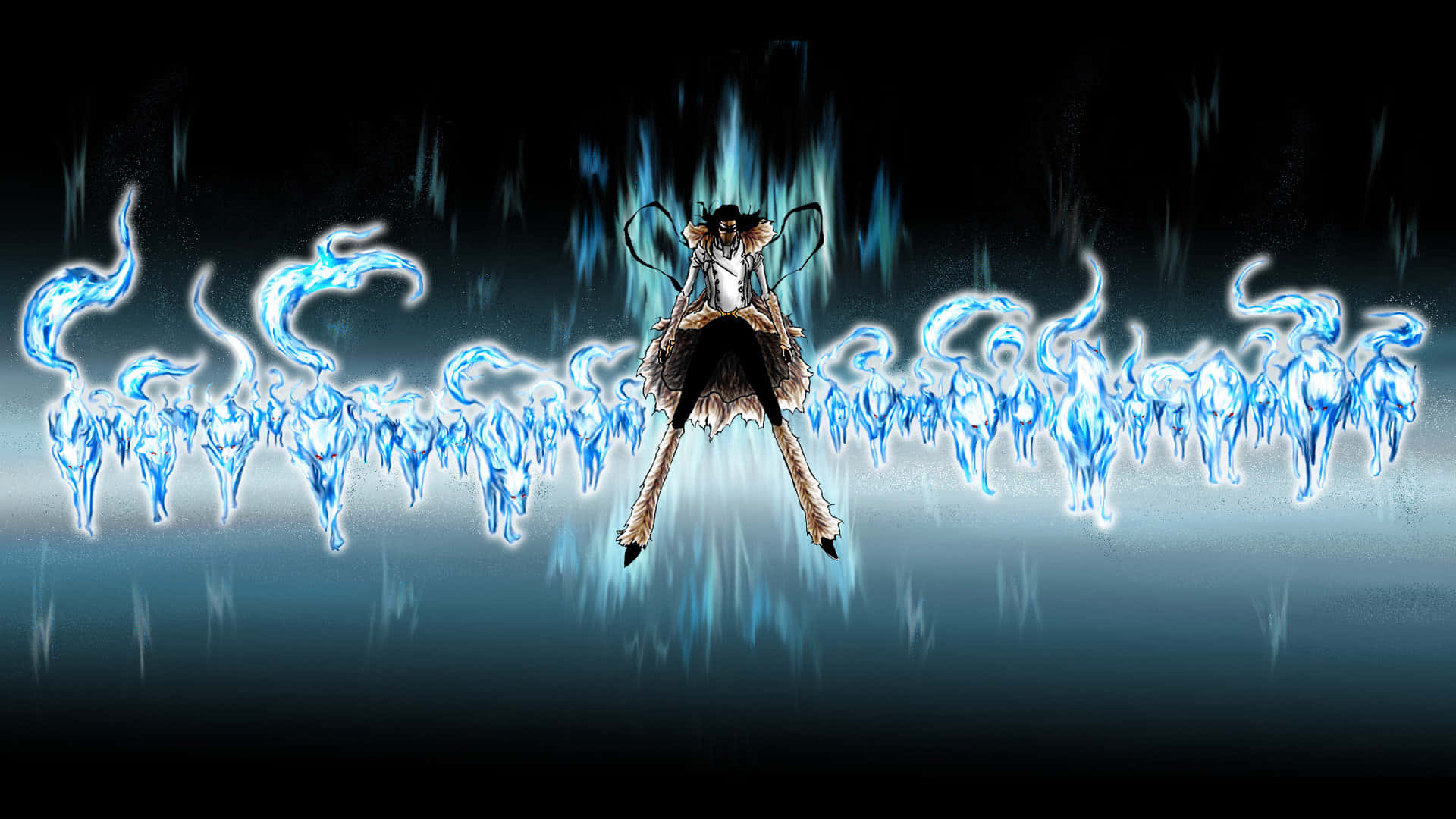 Coyote Starrk, bat-like wings, glowing blue ice flames, Full HD Desktop Wallpaper