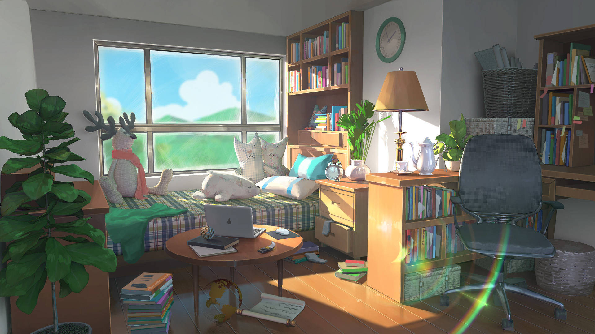 snuggly anime bedroom, cozy anime-themed bedroom, sunlight, Full HD Desktop Wallpaper