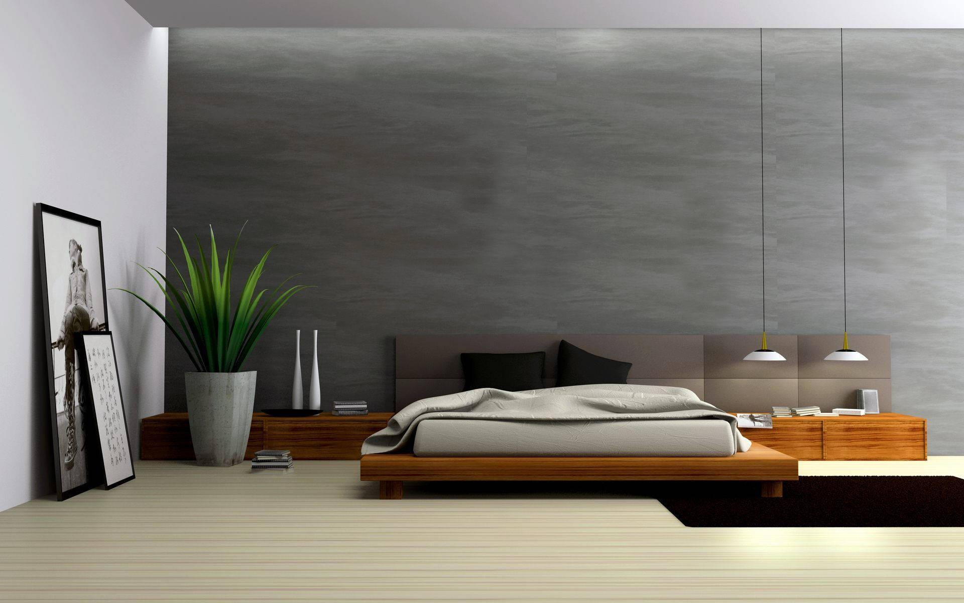 wooden platform bed, gray textured wall, hanging pendant lights, Full HD Desktop Wallpaper