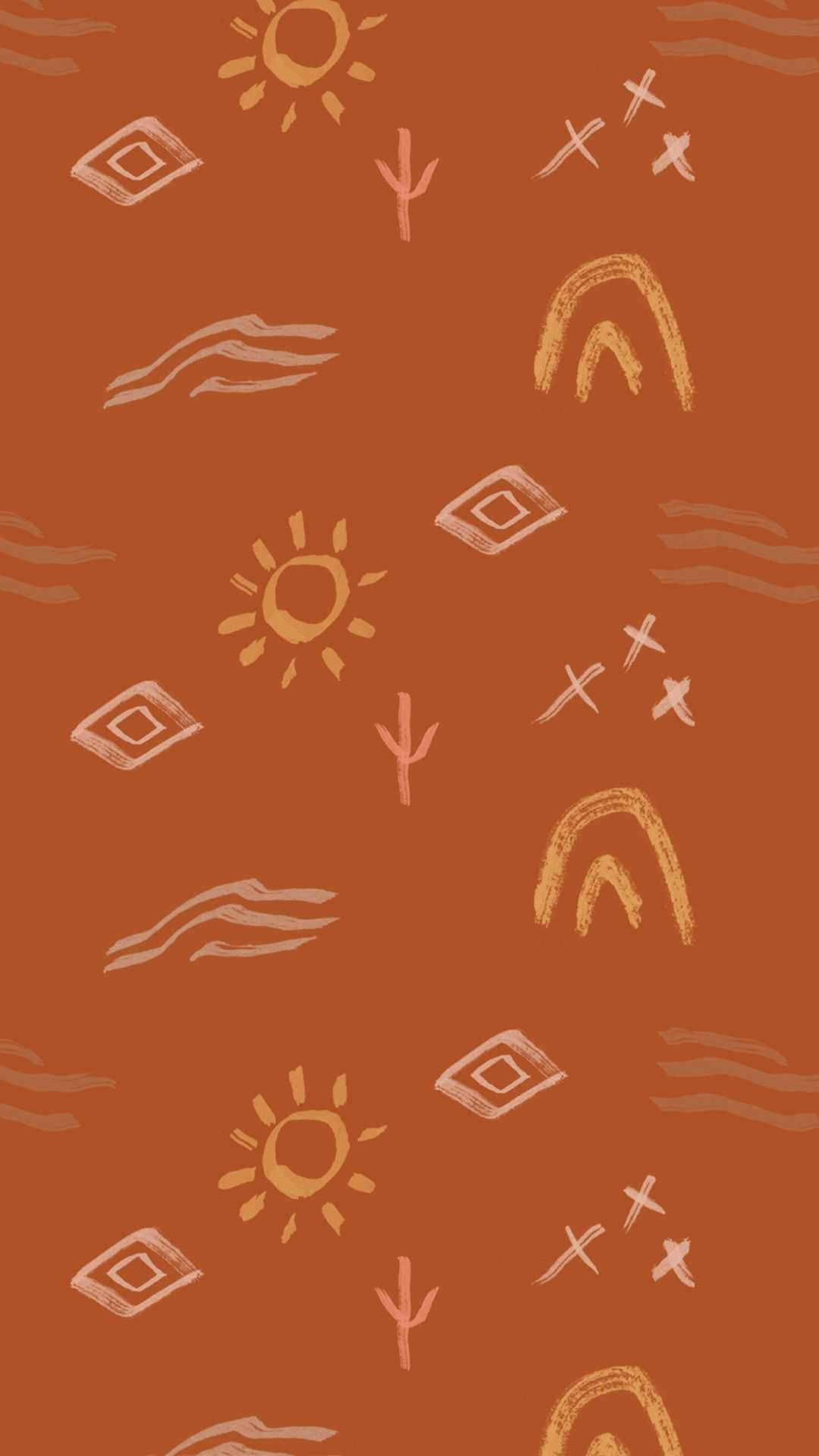 terracotta background, hand-drawn suns, rainbows, Full HD Phone Wallpaper