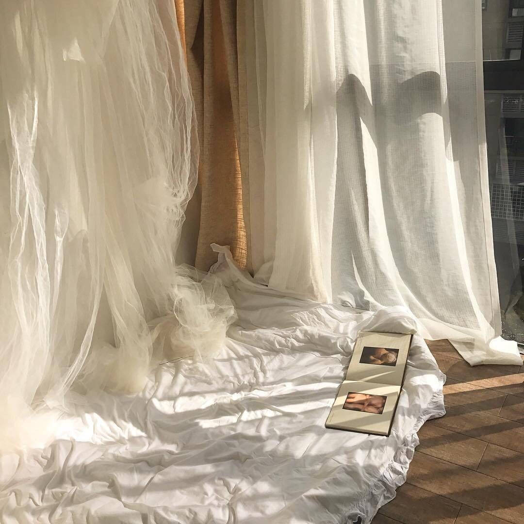 tan aesthetic, soft white curtains, sunlit wooden floor, SD Desktop Wallpaper
