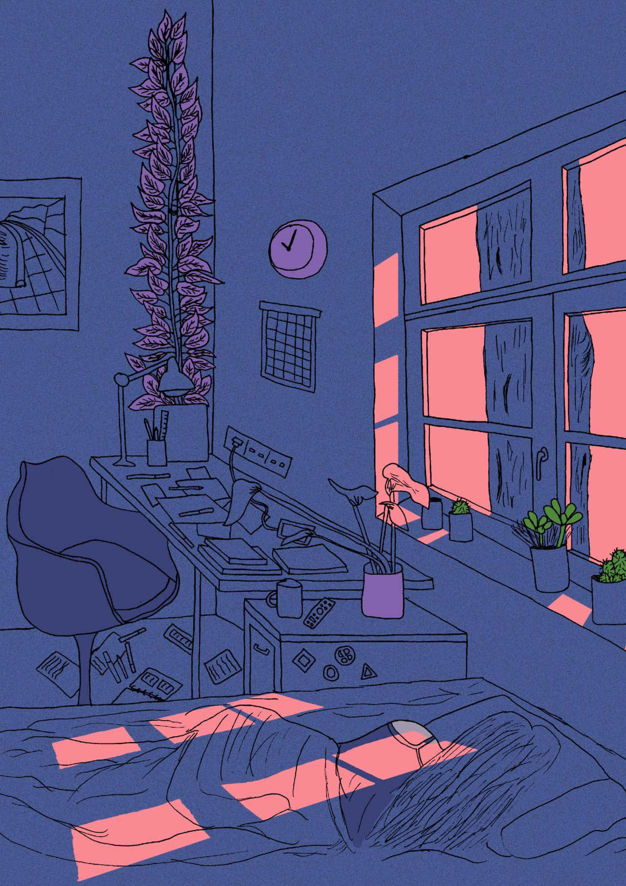 blue walls, pink window light, bed, HD Phone Wallpaper