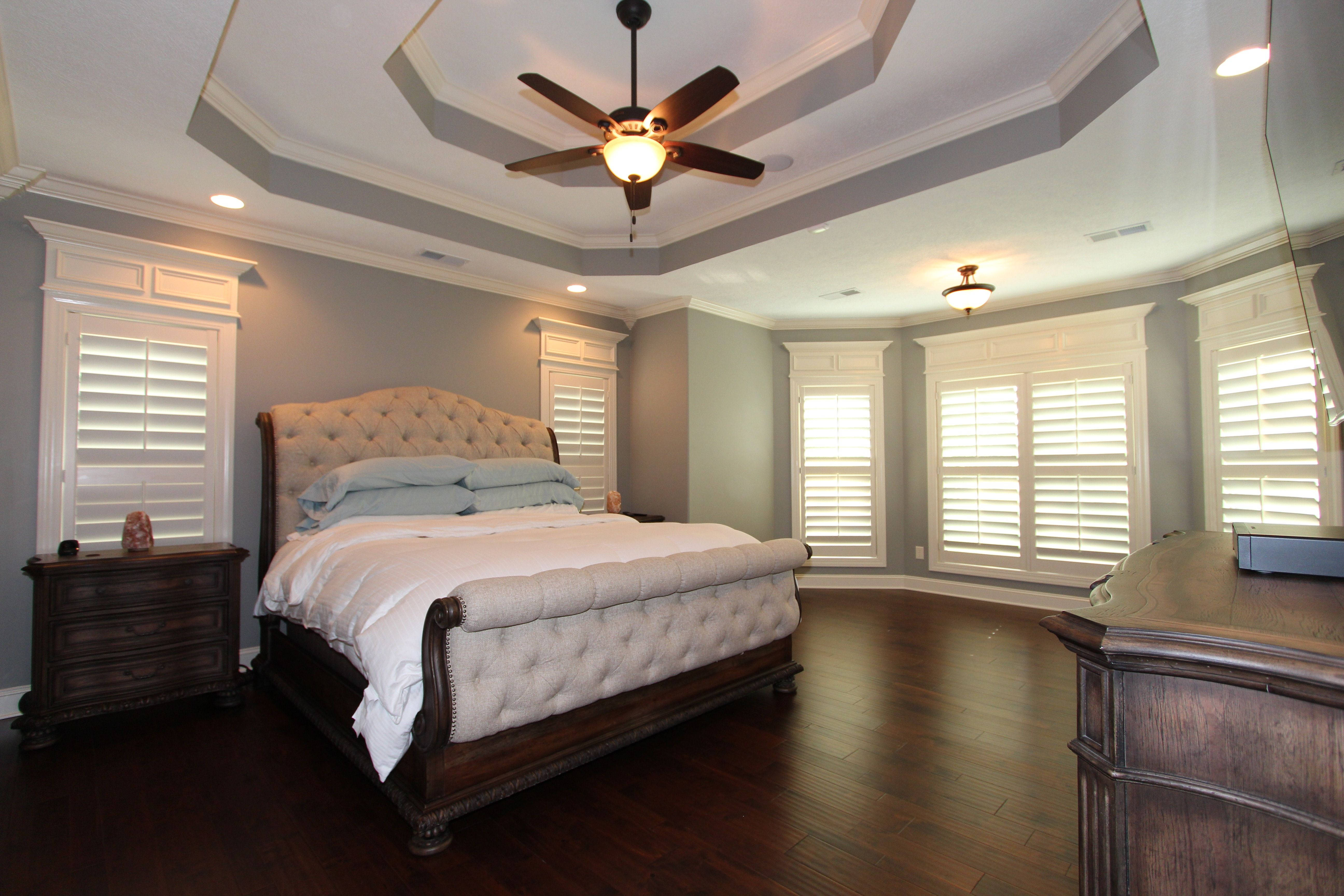 tufted sleigh bed, dark wood floors, white shutters, 5K Desktop Wallpaper
