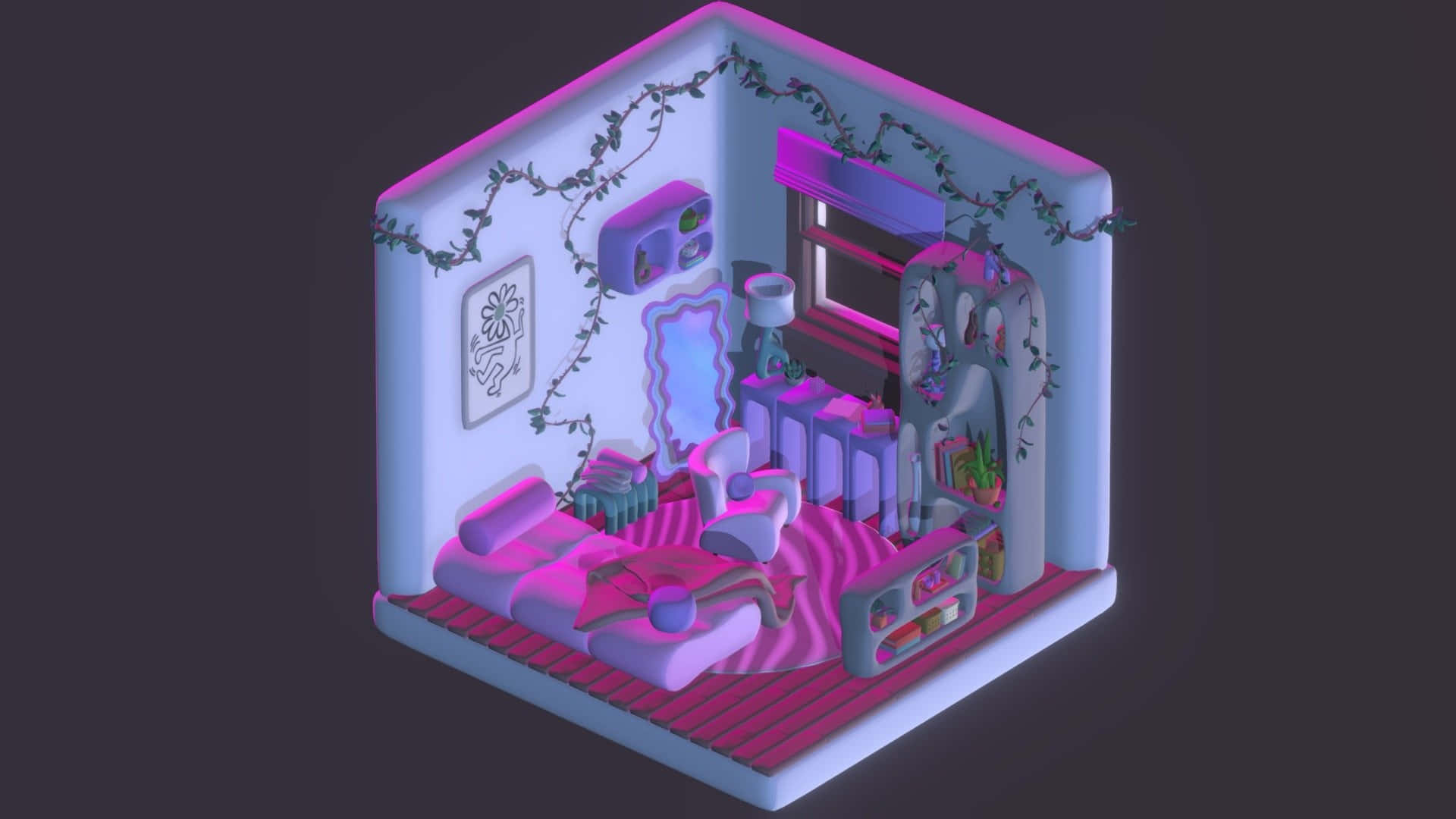 kawaii room, purple neon lights, isometric bedroom, Full HD Desktop Wallpaper