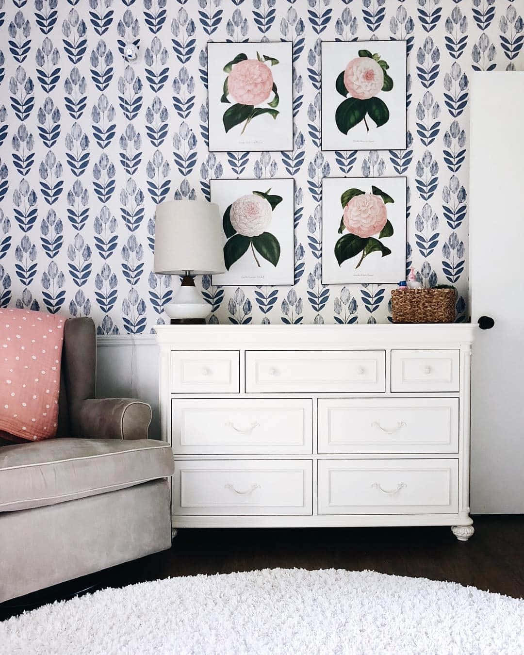 Scandinavian style interior design, white dresser, blue leaf-patterned wallpaper, HD Phone Wallpaper