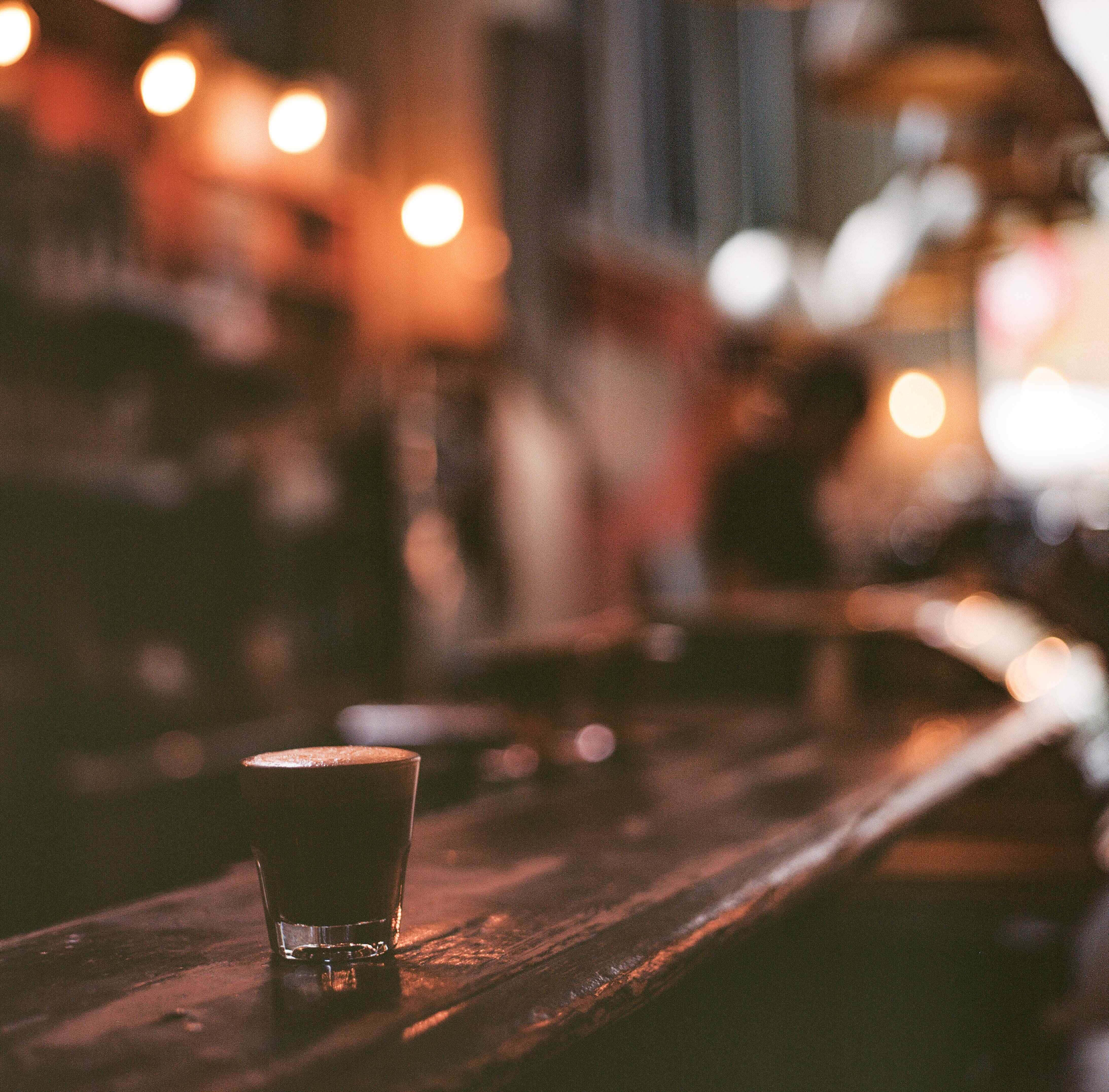 espresso shot, glass cup, wooden bar counter, 4K Desktop Wallpaper