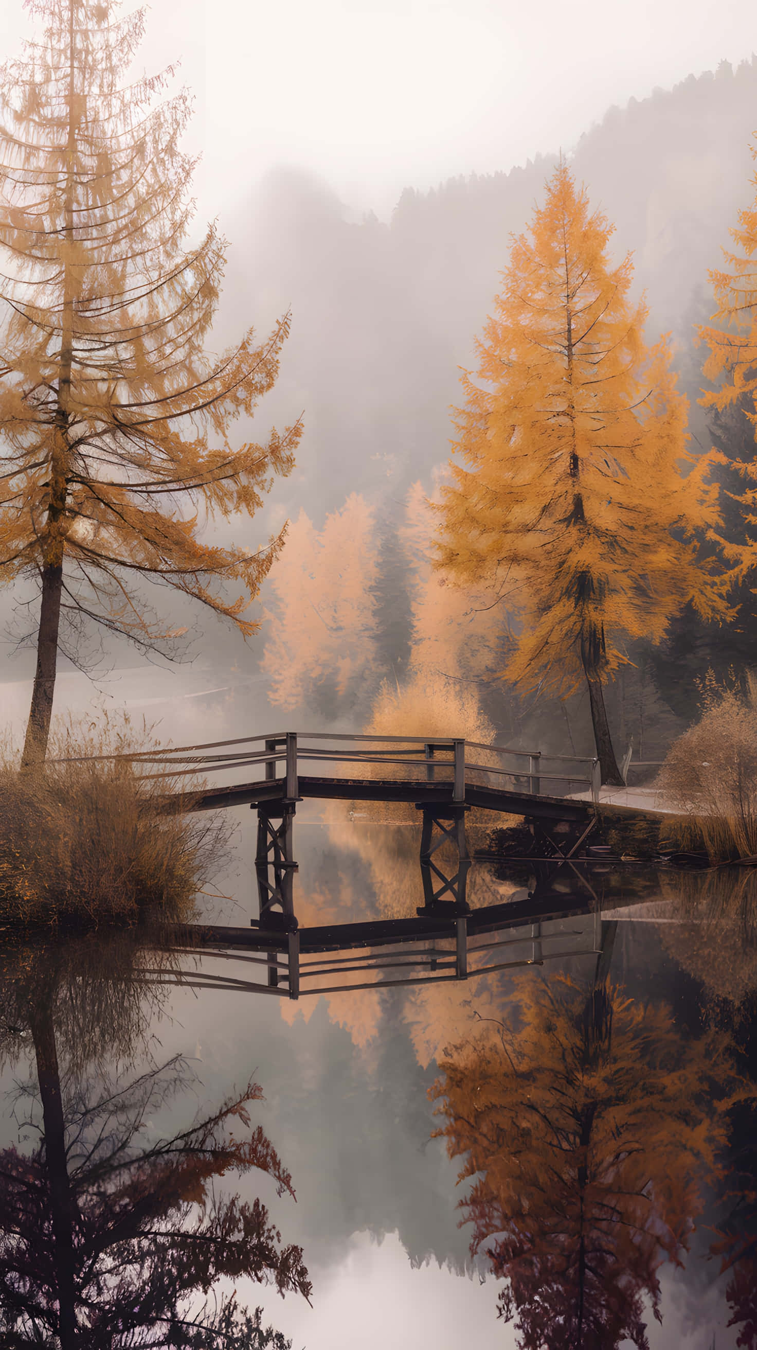 wooden bridge, misty lake, golden larch trees, 2K Phone Wallpaper