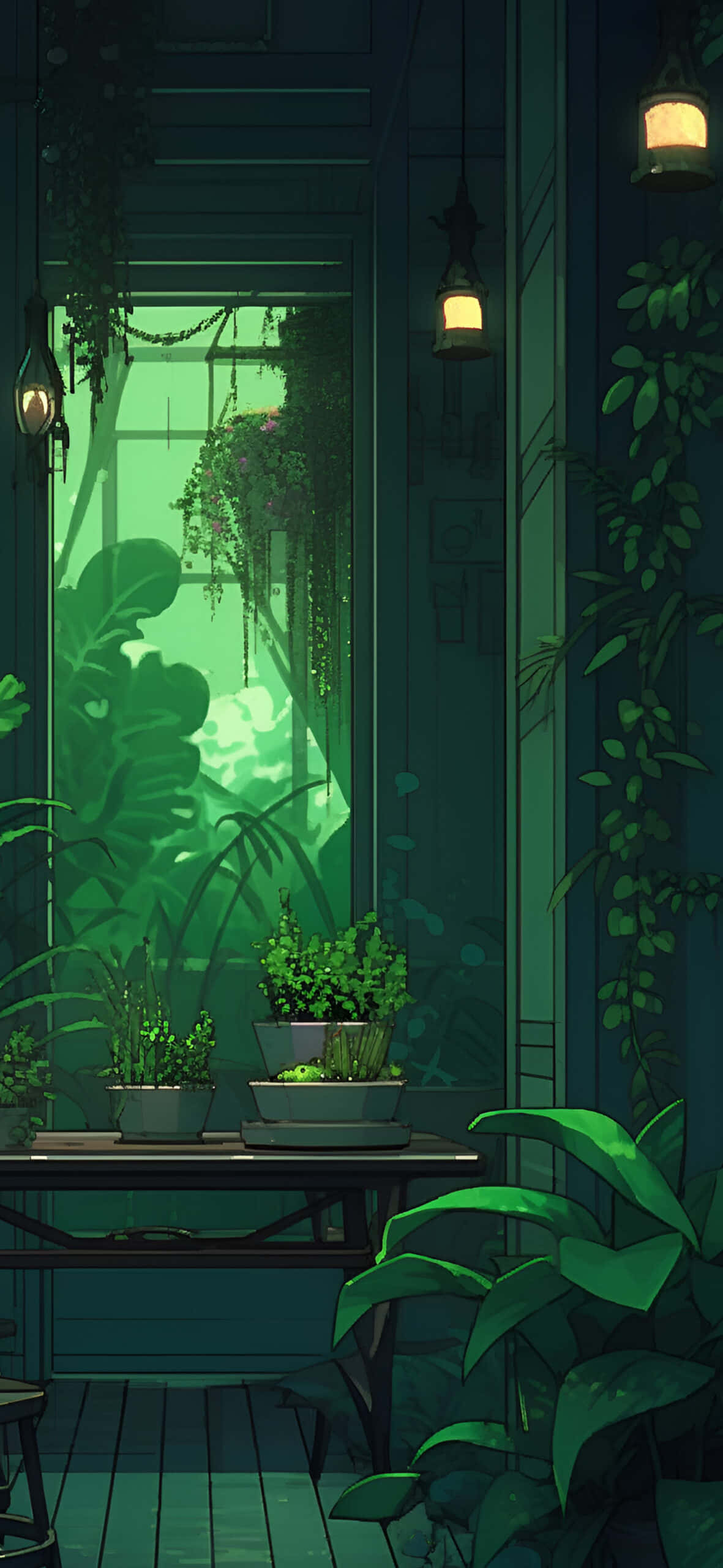 enchanted greenhouse balcony, dimly lit indoor garden, hanging vines, 2K Phone Wallpaper