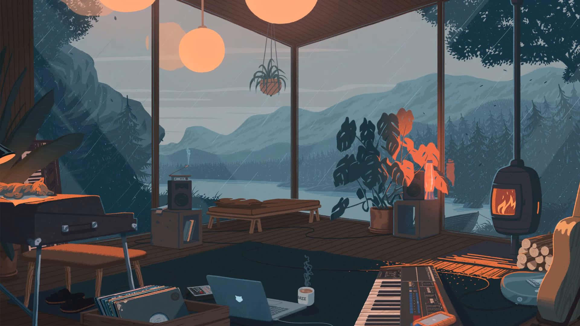cozy mountain cabin retreat, warm lighting, misty mountains, Full HD Desktop Wallpaper