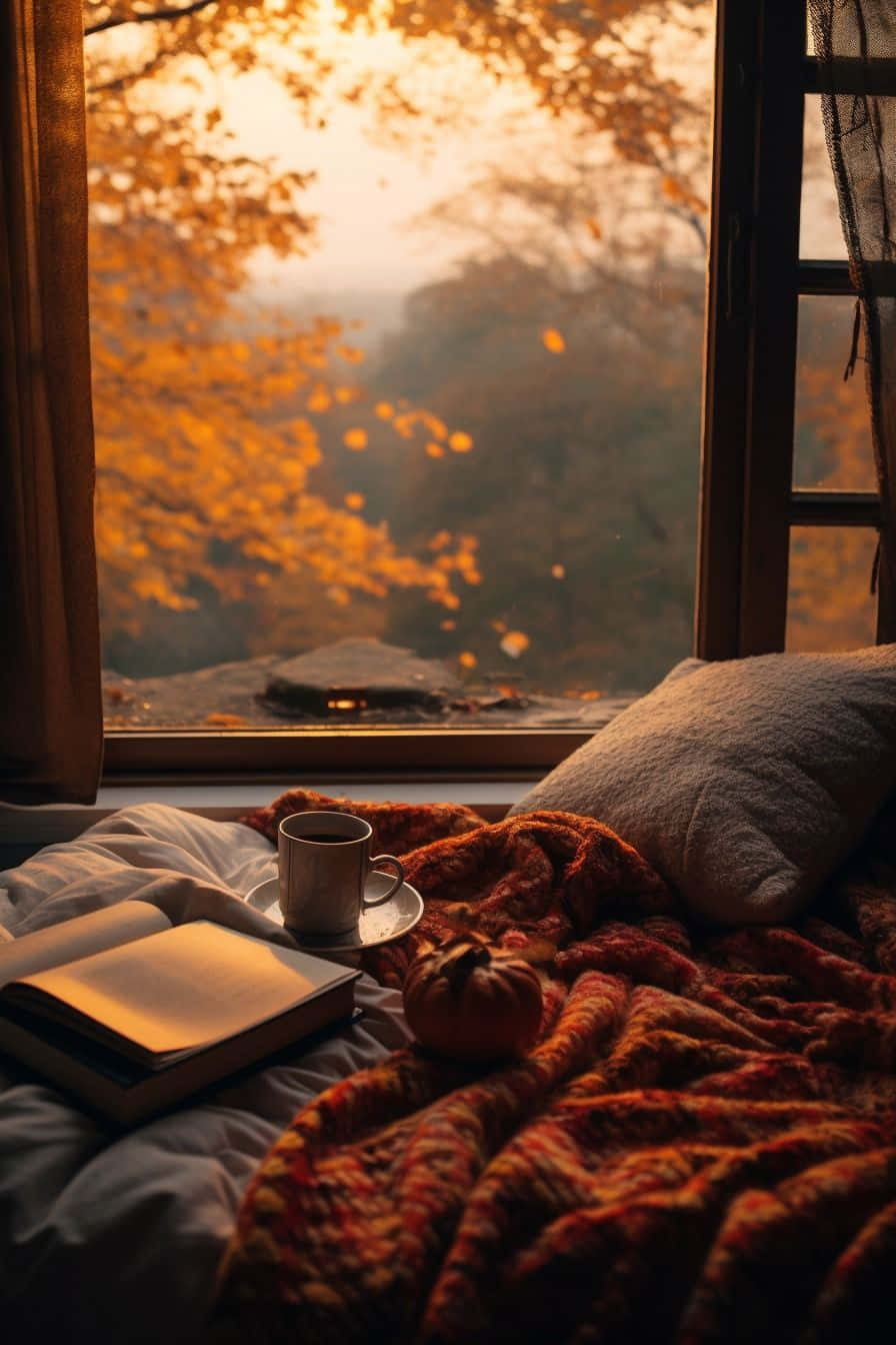 autumn morning, bed, pumpkin mug, HD Phone Wallpaper