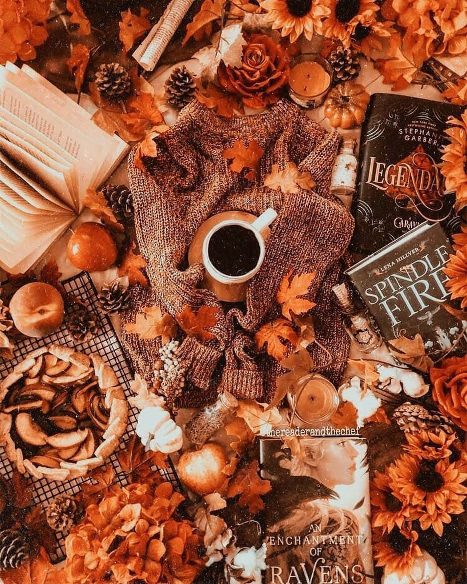autumn, books, coffee, SD Phone Wallpaper