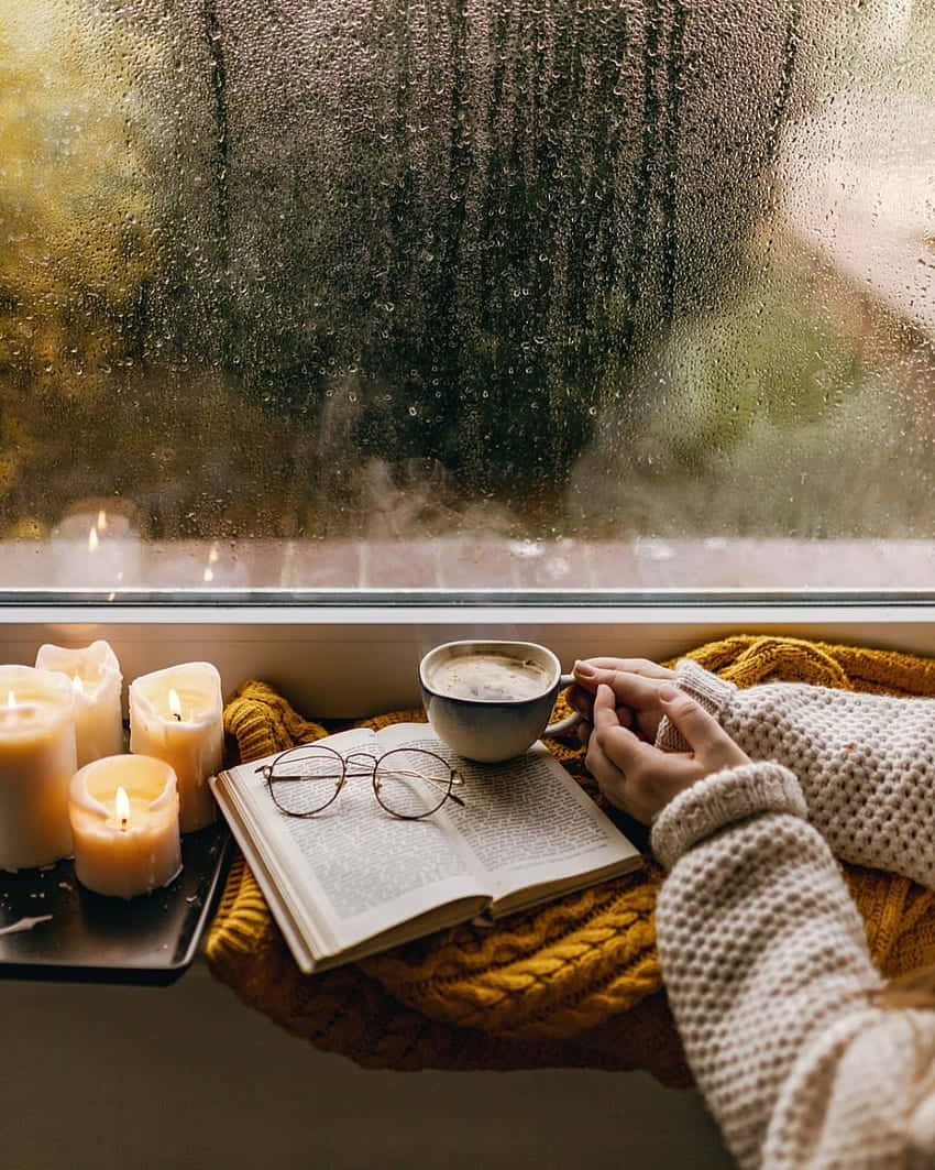 rainy window ledge, knit sweater, steaming mug, SD Phone Wallpaper