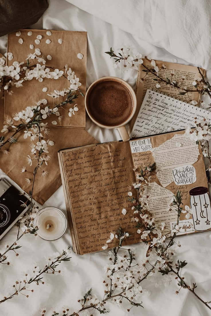 cozy vintage journaling scene, steaming coffee cup, open journal, SD Phone Wallpaper