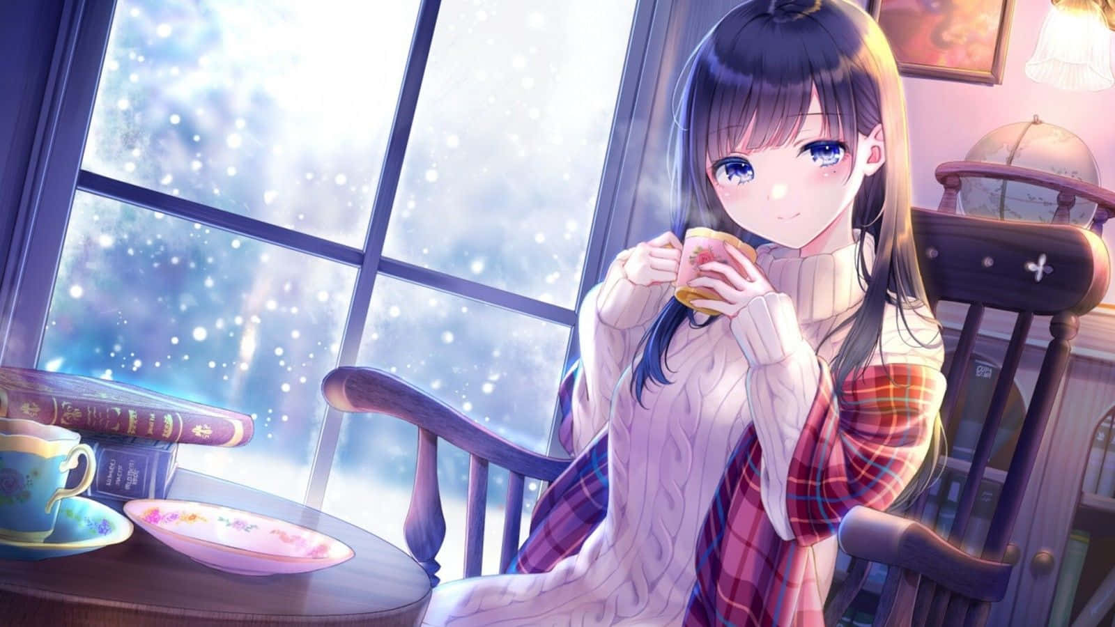 cozy anime, young anime girl, cozy sweater, HD Desktop Wallpaper