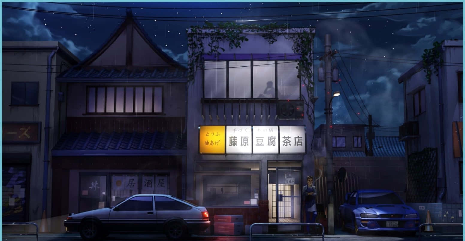 cozy anime, rainy night, Japanese town, HD Desktop Wallpaper