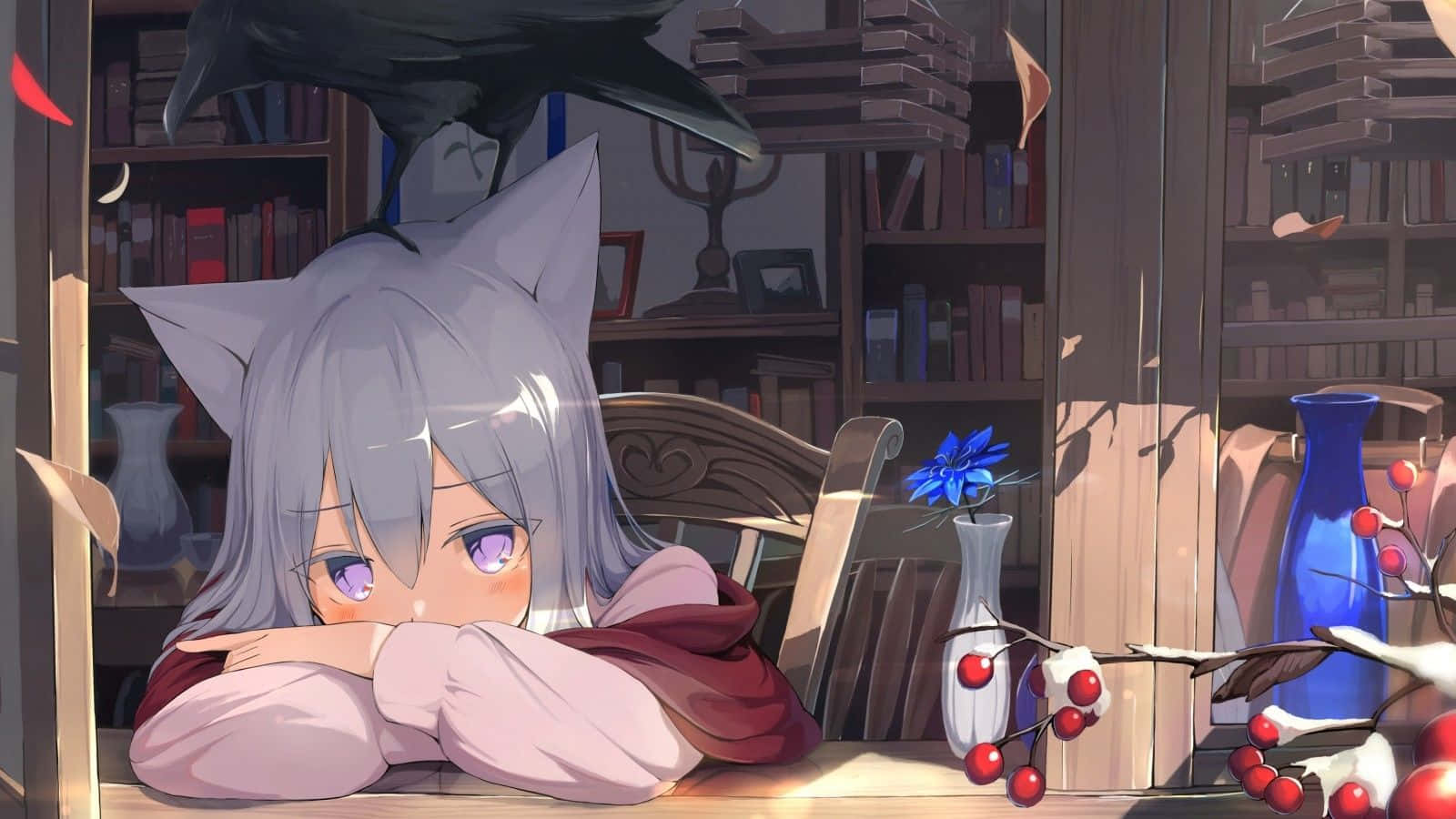 cat-eared anime girl, silver hair, wooden desk, HD Desktop Wallpaper