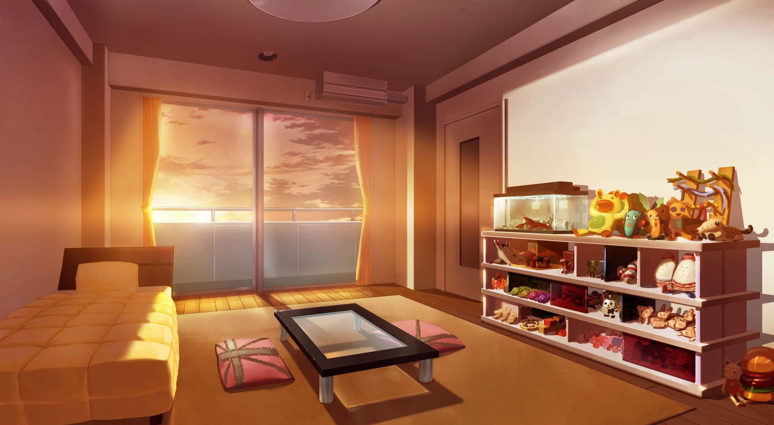 Cozy Anime, sunset, futon sofa, 2K Desktop Wallpaper