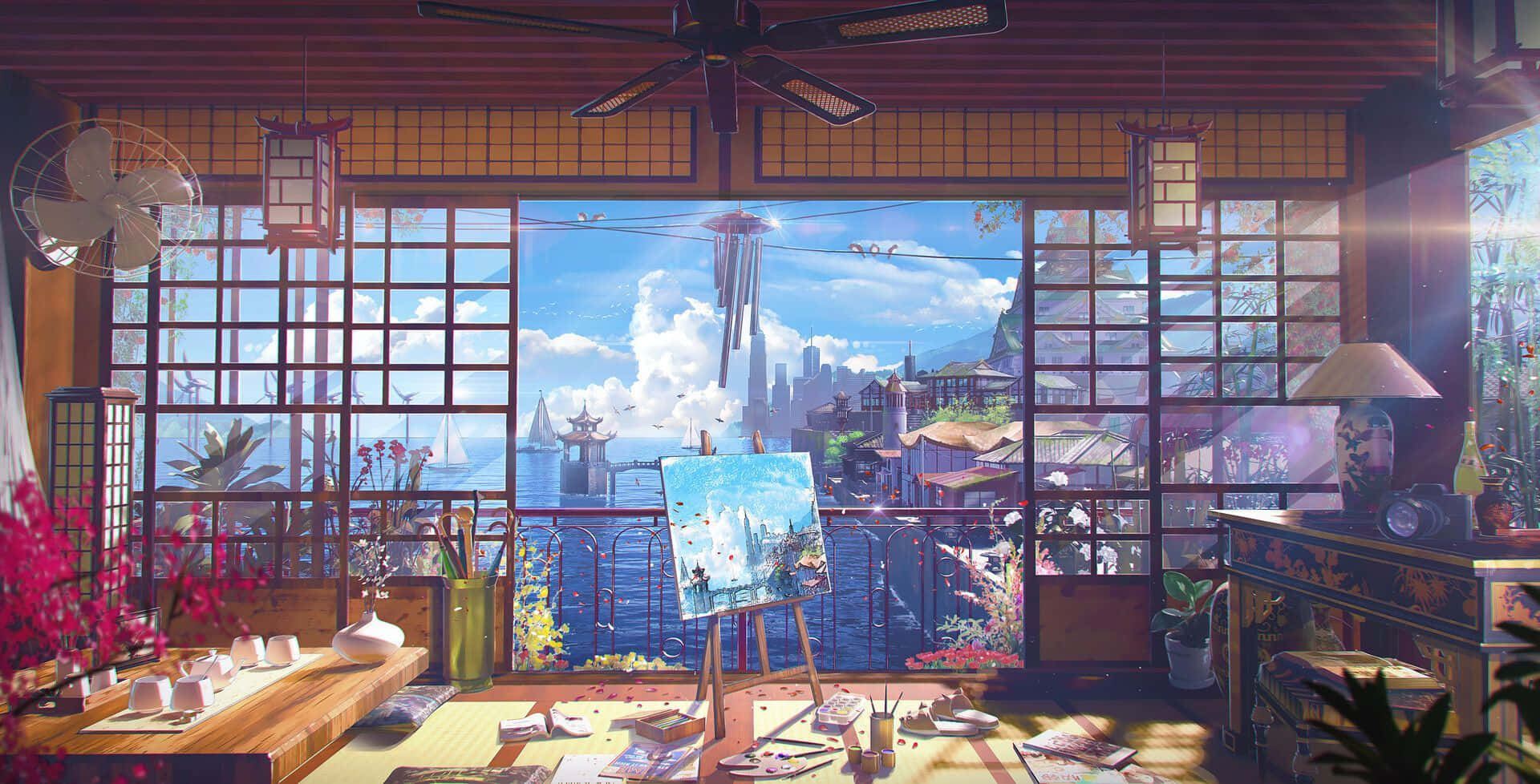 cozy anime, Japanese-style studio, vibrant coastal cityscape, Full HD Desktop Wallpaper