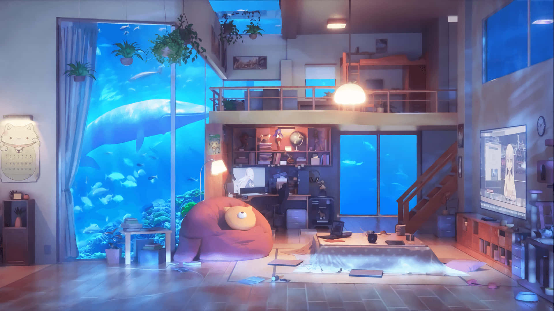 cozy anime, loft apartment, giant whale, Full HD Desktop Wallpaper