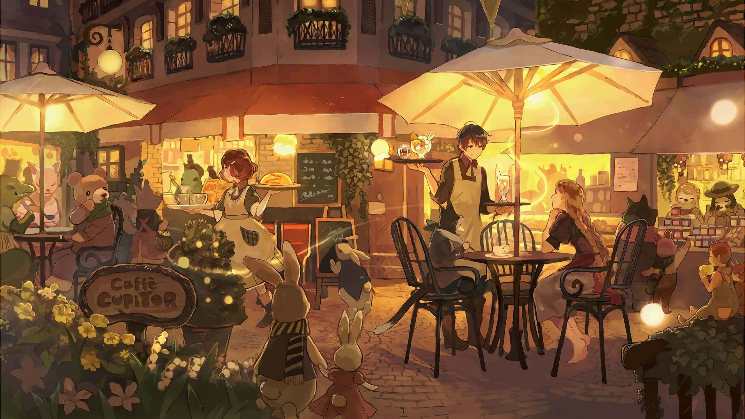 cozy anime, evening café scene, anthropomorphic animals, 2K Desktop Wallpaper