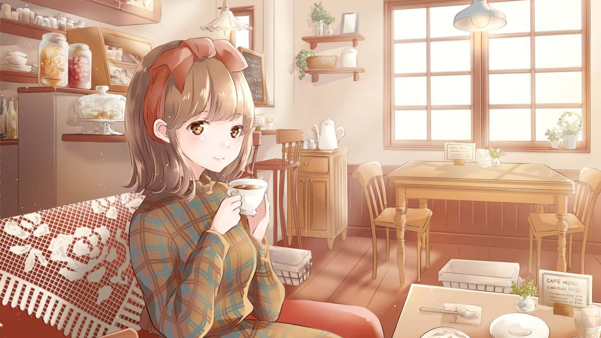 cozy anime, anime girl, plaid shirt, Full HD Desktop Wallpaper