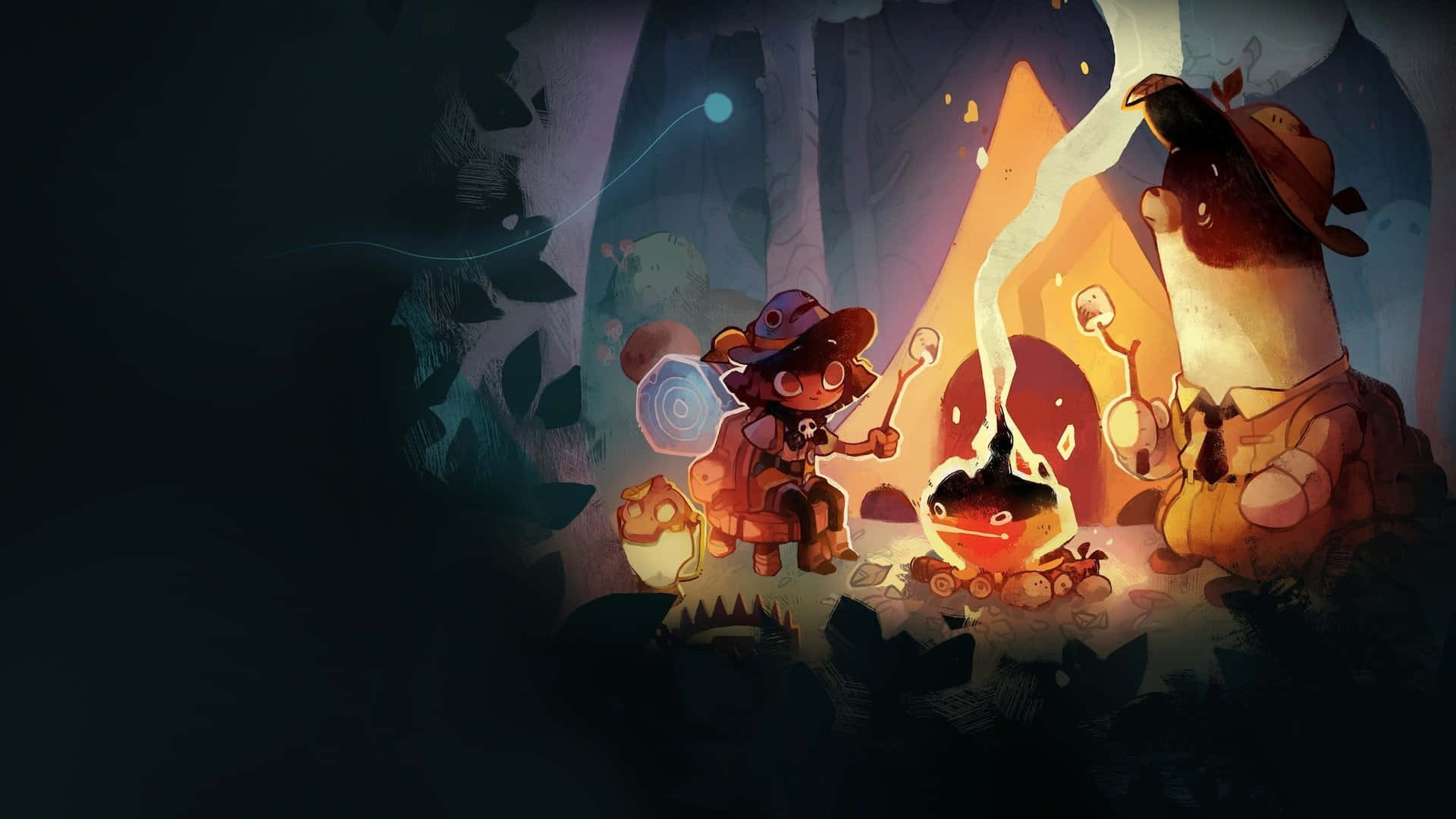 Cozy Anime, campfire, enchanted forest, Full HD Desktop Wallpaper