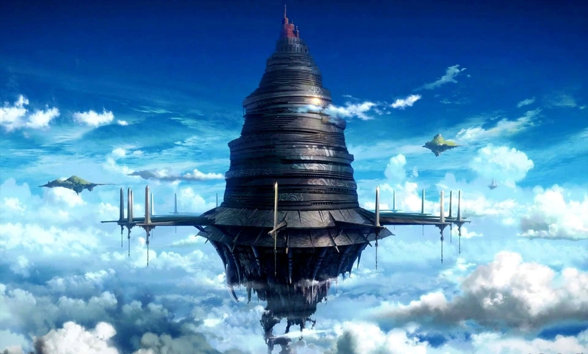 cozy anime, floating fortress, tiered architecture, Full HD Desktop Wallpaper