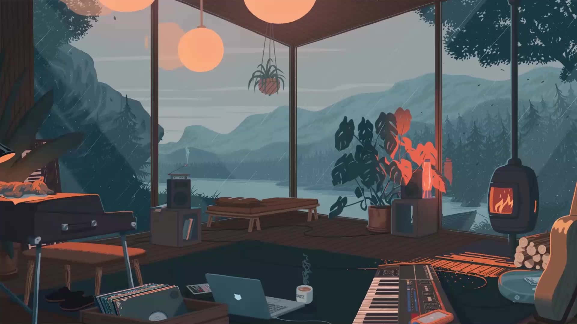 Cozy Anime, cabin interior, piano keyboard laptop, Full HD Desktop Wallpaper