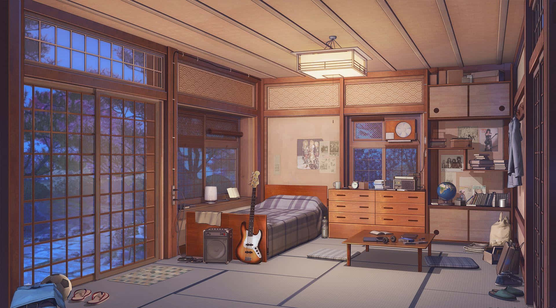 cozy anime, traditional Japanese bedroom, tatami mats, Full HD Desktop Wallpaper
